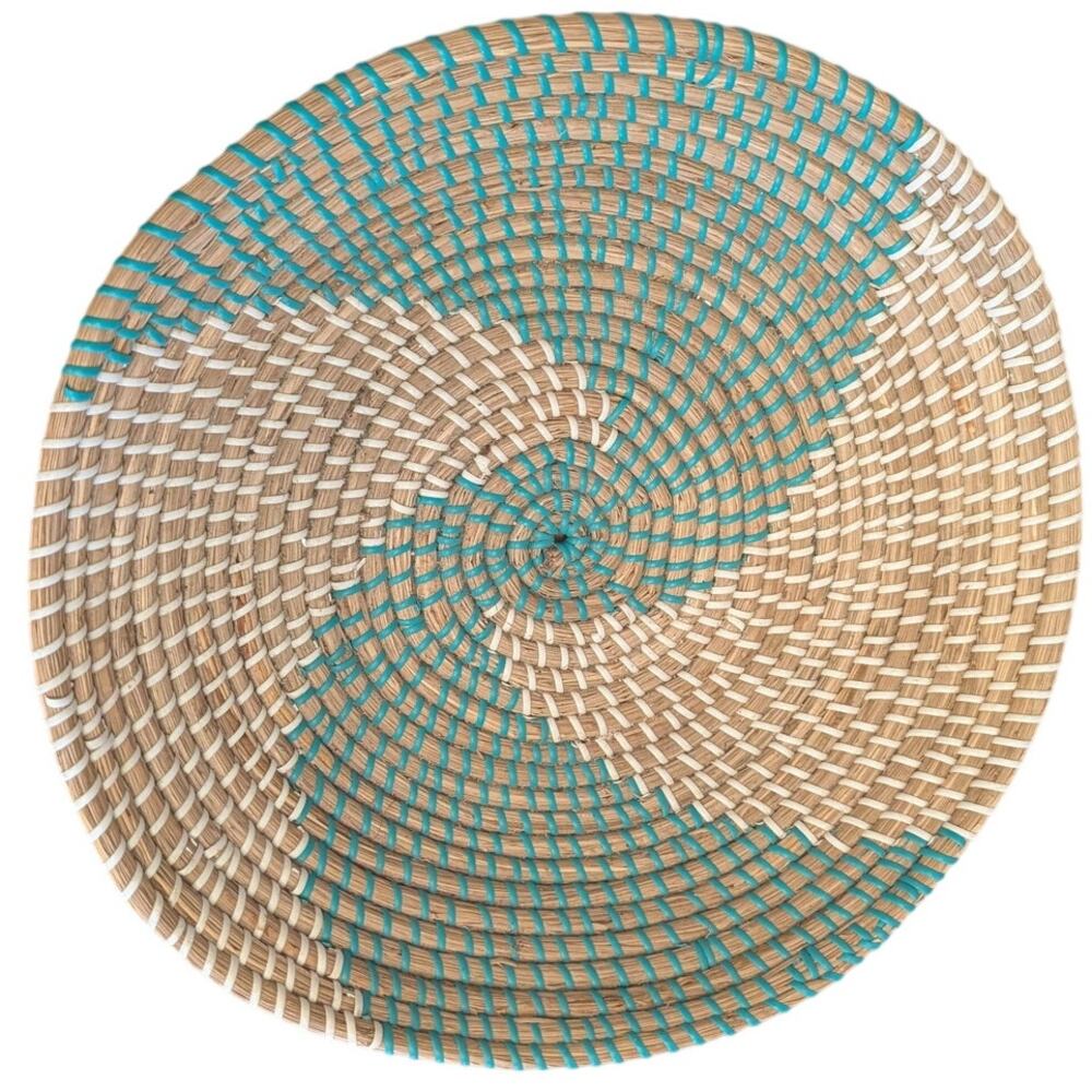 15" Handwoven Straw Coil Basket Teal and Cream